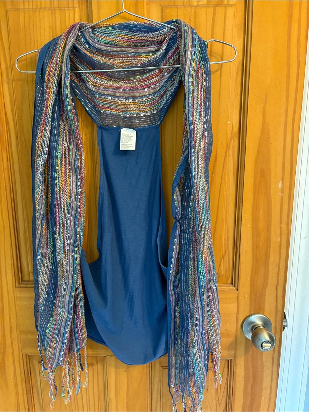 Blue Sleeveless Top with Attached Multicolor Fringe Scarf
